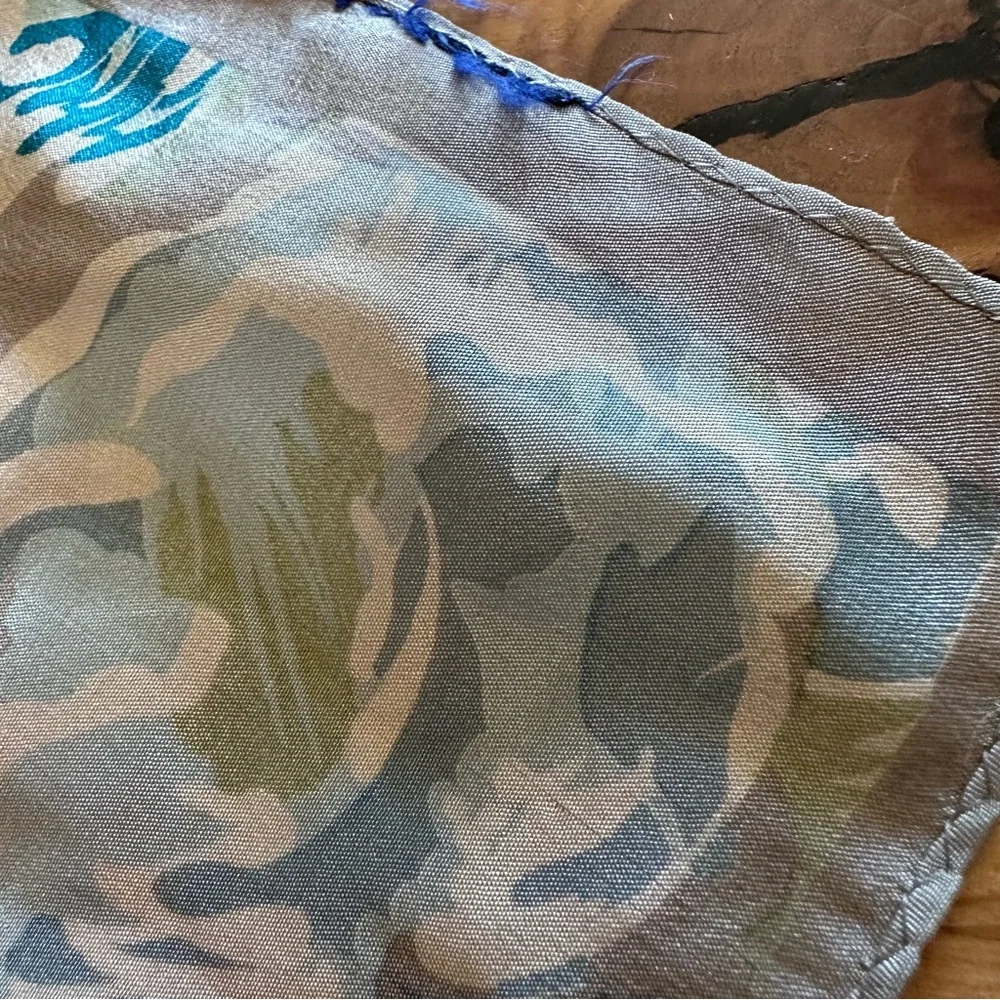 Floral Patterned Vintage Silk Rectangular Scarf in Blue and Silver
